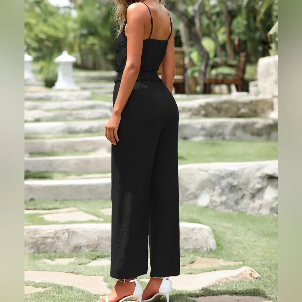 NWOT Black spaghetti strap ruffle v neck wide leg jumpsuit Black M - Picture 4 of 12